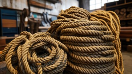 A pile of ropes with various knots displayed in a workshop, creating a visually interesting and textured composition