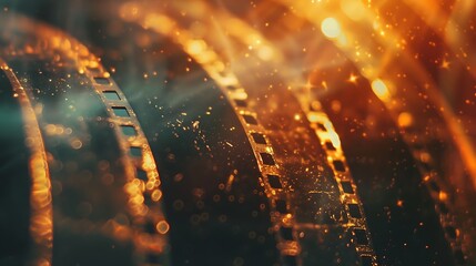 Poster - close-up of a vintage filmstrip with a golden glow, evoking nostalgia and the magic of old movies.
