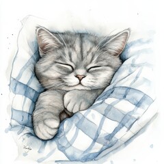 Aufkleber - A peaceful sleeping cat tucked into a cozy bedspread on a soft white background during a calm afternoon moment. Generative AI