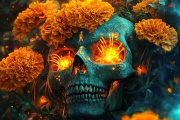 Sticker - A digitally created image featuring a skull with glowing eyes surrounded by vibrant marigold flowers, evoking a mystical and ethereal atmosphere.