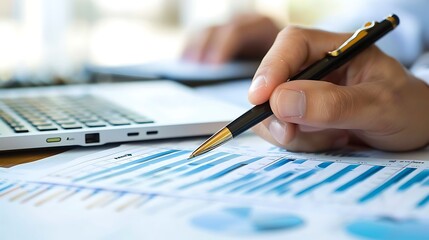 Poster - Close-up of a hand holding a pen and analyzing financial charts on a desk. The image captures the focus and concentration required for business success.