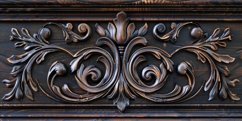 Wall Mural - Detailed view of an intricately designed dark wood wall panel showcasing a striking natural wood grain pattern.