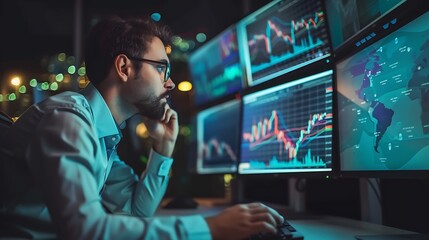 Poster - Businessman sitting at computer desk with multi-monitor setup for carefully analyzing stock market data and charts in financial trading and investment strategy concept.