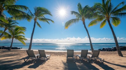 A serene beach scene with sun loungers facing the ocean, palm trees swaying in the breeze, and the sun shining brightly overhead.