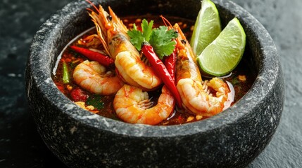 A spicy prawn soup served in a stone bowl, with prawns, chilies, and lime wedges artfully arranged, ready to be enjoyed.