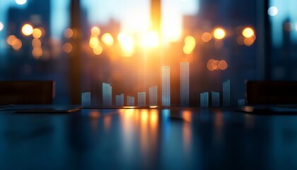 Business graph analysis on table at sunset, soft background.