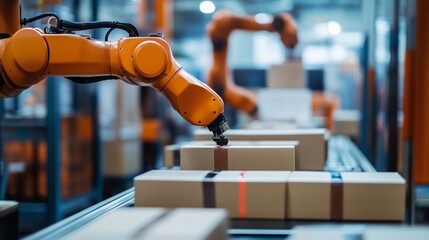 Poster - robotic arm sorting packages in a modern warehouse during the day for efficient logistics and delive