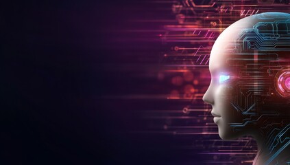 Poster - AI Robot Head with Glowing Circuit Patterns and Data Streams