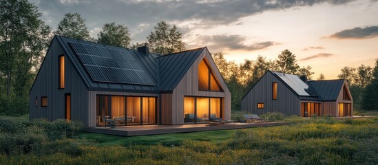 Two modern homes with solar panels on the roof, lit up at dusk, surrounded by lush greenery.