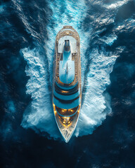 Wall Mural - aerial view of luxury yacht sailing on blue ocean waves at sunset