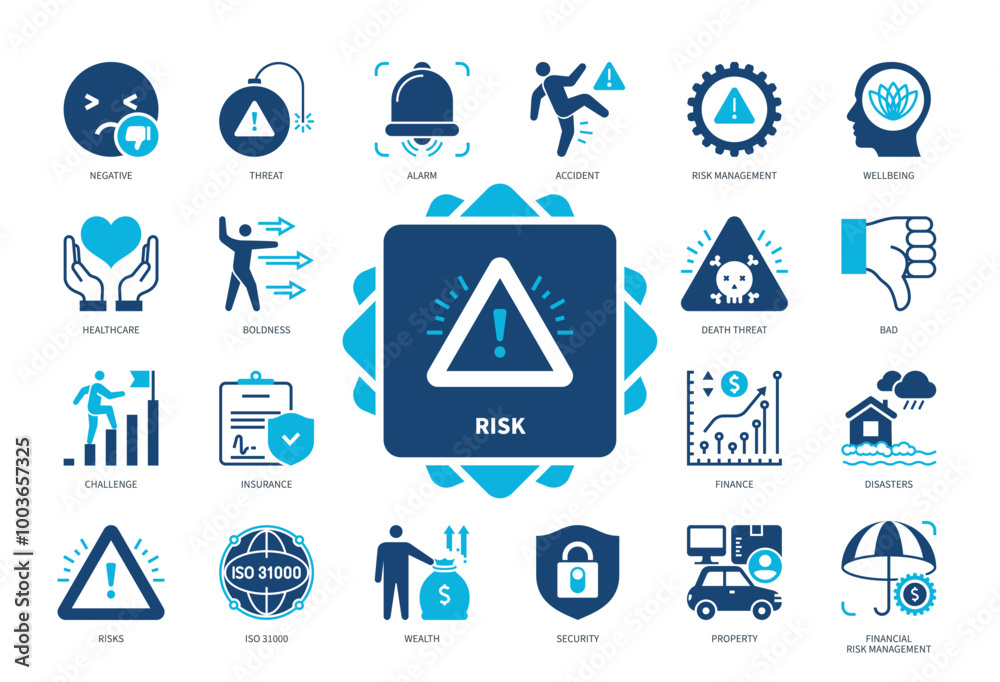 Risk icon set. Negative, Alarm, Boldness, Security, Challenge ...