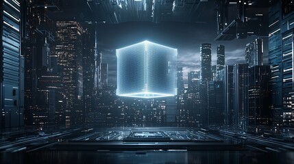 Poster - a glowing ai-powered cube floating above a city, symbolizing centralized intelligence controlling ur