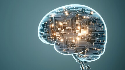 Poster - A glowing AI-powered chip integrated into a human brain, symbolizing the merging of human and machine intelligence