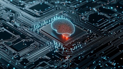 Poster - a glowing ai-powered chip integrated into a human brain, symbolizing the merging of human and machin