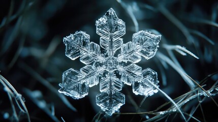Poster - A stunning close-up of a snowflake, showcasing intricate ice crystal patterns against a dark background.