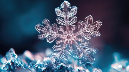 Aufkleber - A close-up of a delicate snowflake showcasing intricate details and sparkling textures against a soft, colorful background.