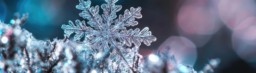 Aufkleber - Close-up of a delicate snowflake resting on shimmering frost, showcasing intricate patterns and unique crystalline structure.