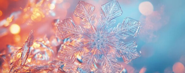 Aufkleber - A delicate snowflake glistens amidst soft pastel lights, embodying winter's beauty and the magic of the season.