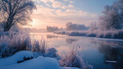 Poster - A stunning winter landscape featuring a frozen river, frosted trees, and a serene sky at dawn, capturing the tranquility of nature.