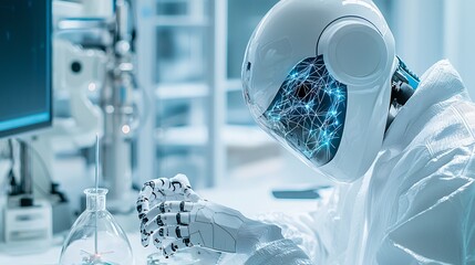 Poster - An AI-powered robotic assistant helping a scientist in a high-tech lab, symbolizing the future of research and innovation