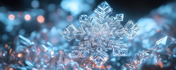 Poster - A stunning close-up of a snowflake shimmering in crystal clear ice, showcasing intricate patterns and frozen beauty.