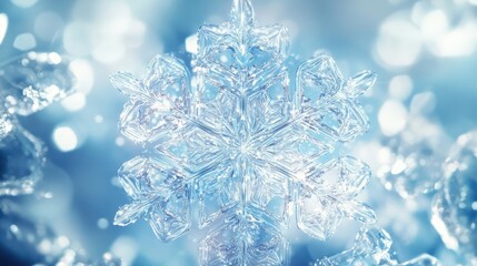 Aufkleber - Close-up of a delicate snowflake captured in stunning detail, showcasing its intricate patterns against a soft blue background.
