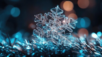 Aufkleber - A delicate crystal snowflake resting on shimmering tinsel, capturing the essence of winter and holiday magic.