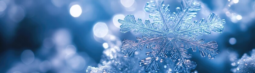 Poster - A close-up view of a delicate snowflake resting on a frosty surface, showcasing intricate patterns and a serene blue background.
