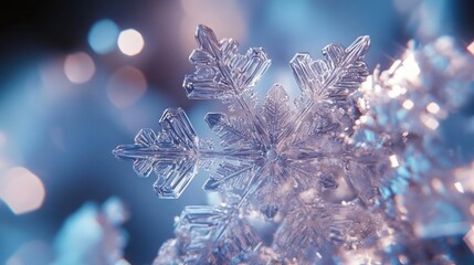 Aufkleber - Close-up of a delicate snowflake showcasing intricate patterns and shimmering details in a winter wonderland setting.