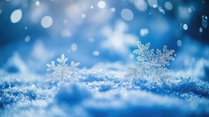 Aufkleber - Delicate snowflakes glisten on soft white snow, creating a magical winter landscape in serene blue tones.