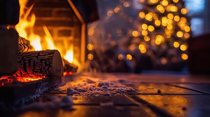 Poster - A cozy fireplace with glowing logs, soft snow on the ground, and a twinkling Christmas tree in the background, perfect for winter warmth.