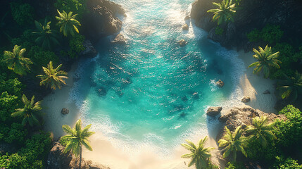 tropical beach cove aerial view - turquoise water, lush greenery, white sand, palm trees, tranquil scene