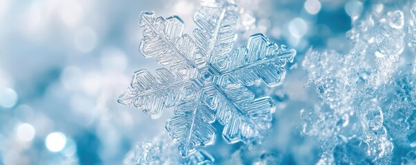 Poster - Close-up of a beautiful snowflake resting on icy blue background, showcasing intricate details and unique design.