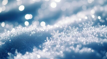 Poster - A close-up of delicate snowflakes resting on soft snow, sparkling in the sunlight, creating a serene winter wonderland atmosphere.