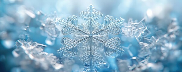 Poster - Delicate snowflake resting on a shimmering surface, showcasing intricate patterns and a cool blue backdrop for seasonal themes.