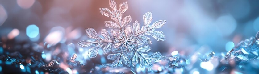 Poster - A close-up view of a delicate snowflake resting on shimmering ice, capturing the beauty of winter and frosty elegance.