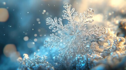 Aufkleber - Close-up of a delicate snowflake with intricate details, set against a shimmering winter background of cool blue tones.