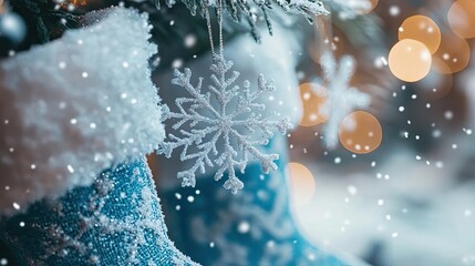 Poster - A festive close-up of a blue Christmas stocking adorned with a snowflake ornament, surrounded by soft snow and gentle bokeh lights.