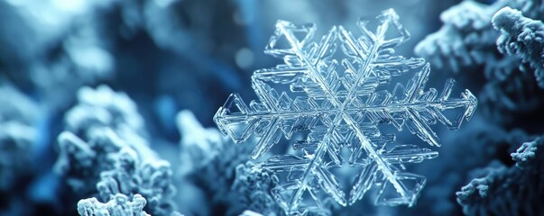 Poster - Close-up of a stunning snowflake resting on a bed of frost, showcasing intricate details and delicate ice patterns.