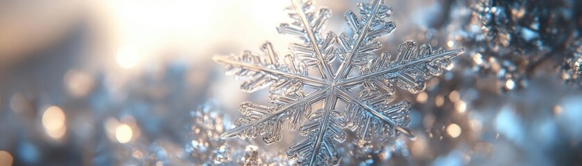 Aufkleber - A close-up of a beautiful snowflake glistening in the light, showcasing intricate details and a frosty, winter atmosphere.