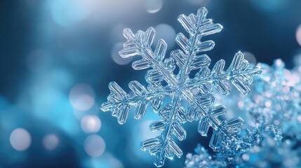 Poster - Close-up of a delicate snowflake on a frosty surface, showcasing intricate details against a shimmering blue background.
