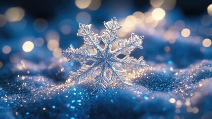Poster - A sparkling snowflake rests on shimmering snow, surrounded by a beautiful blue bokeh background, evoking winter wonder.