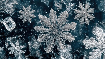 Aufkleber - Detailed close-up of beautiful snowflakes on ice, showcasing their unique crystalline structures in winter's delicate beauty.