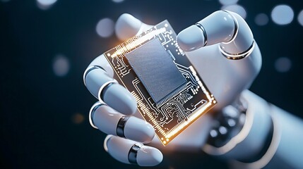 Poster - A glowing AI-powered robotic hand holding a microchip, symbolizing the precision and advancement of AI engineering