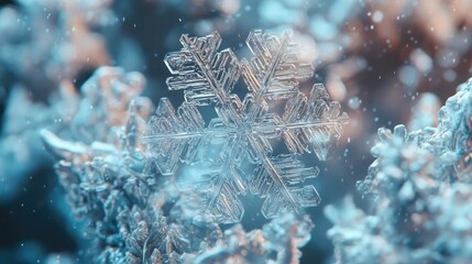 Aufkleber - A close-up view of a delicate snowflake resting on frosty surfaces, showcasing intricate details and a winter wonderland effect.