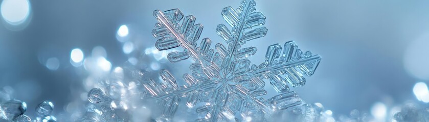 Aufkleber - A beautiful close-up of a snowflake, showcasing intricate patterns and delicate ice crystals against a soft blue background.