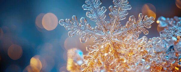 Aufkleber - Close-up of sparkling snowflakes on a colorful background, showcasing intricate ice patterns and winter beauty.