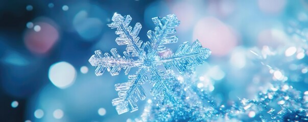 Aufkleber - A stunning close-up of a crystal snowflake sparkling against a blue background, capturing the magic of winter.