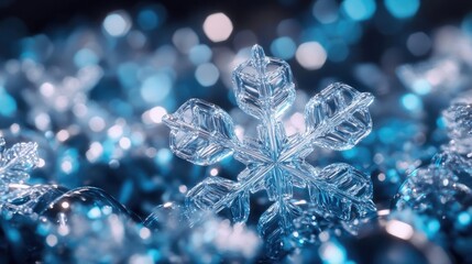Aufkleber - A stunning close-up of a delicate ice crystal glistening in shades of blue, capturing the beauty of winter's uniqueness.
