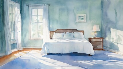 Poster - A bedroom with a white bed and a lamp on a nightstand. The room is painted blue and has a window with curtains